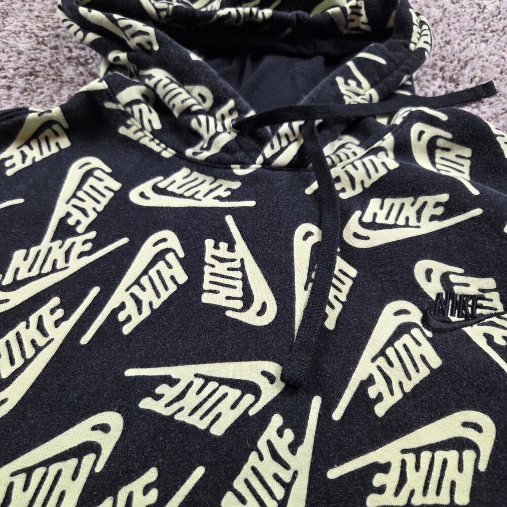 Nike Hoodie Mens Large Black Yellow Neon All Over Print Logo Pullover Fleece - Picture 2 of 8